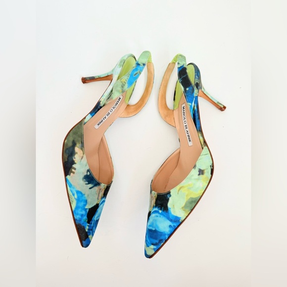 Manolo Blahnik Green Blue Floral Cloth Carolyne 70mm slingback pumps EU 38.5 - Picture 4 of 8